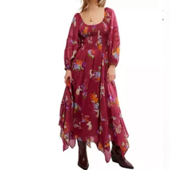 Free People Morning Glory Maxi Dress Red Combo Floral Handkerchief Hem XS NWT - Picture 1 of 8
